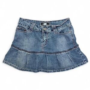 Vintage Y2K Pink Trim Denim Mini Skirt Size 5 Grunge Pleated